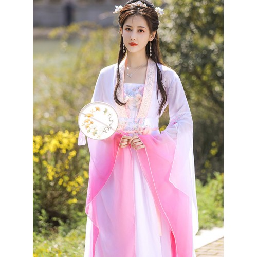 Pink Gradient colored Chinese Fairy Hanfu for women girls Han Tang Ming Song Dynasty performance film cosplay ancient folk costumes for female